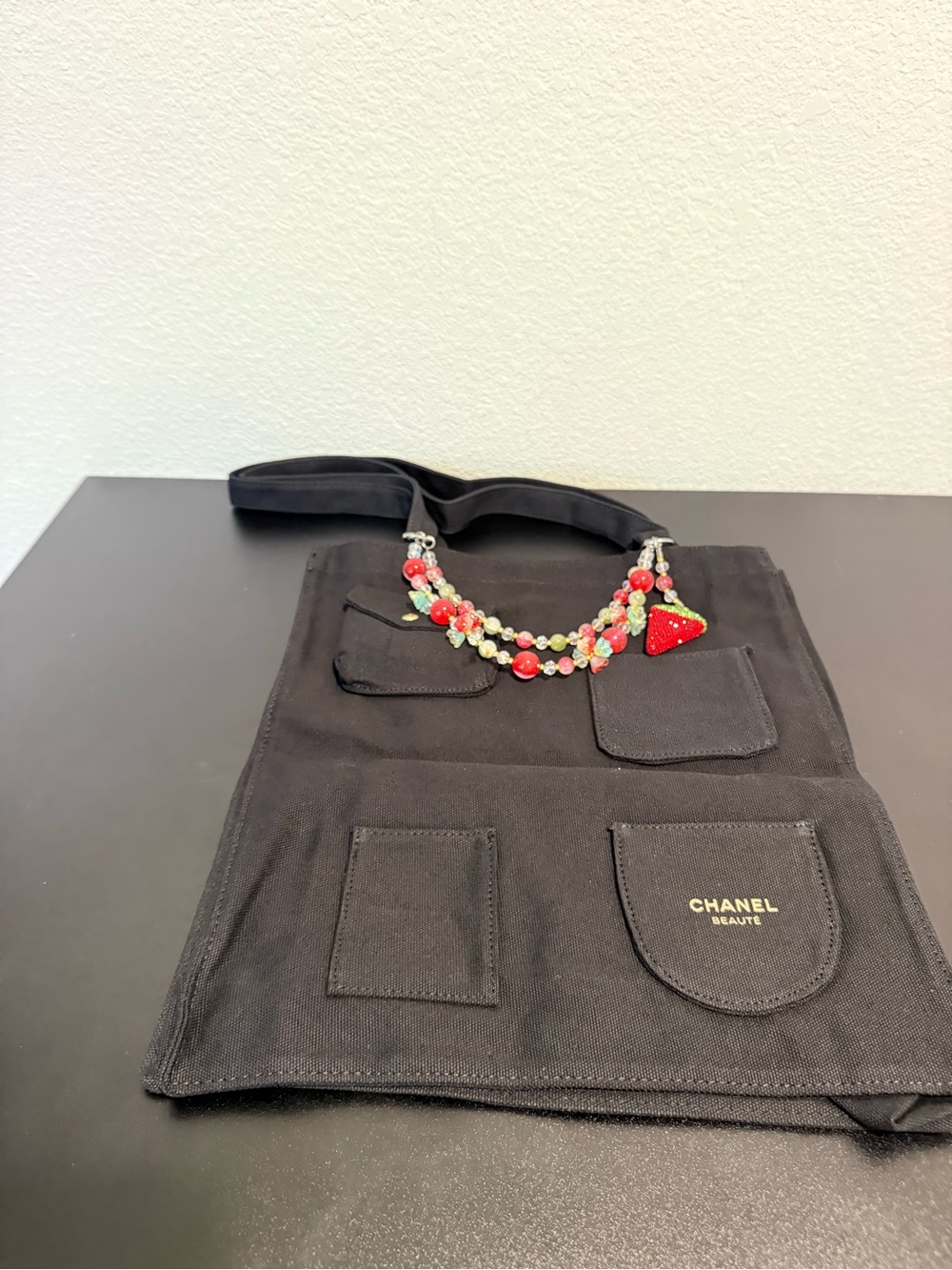 Black Canvas Crossbody Tote with Red Beaded Strap